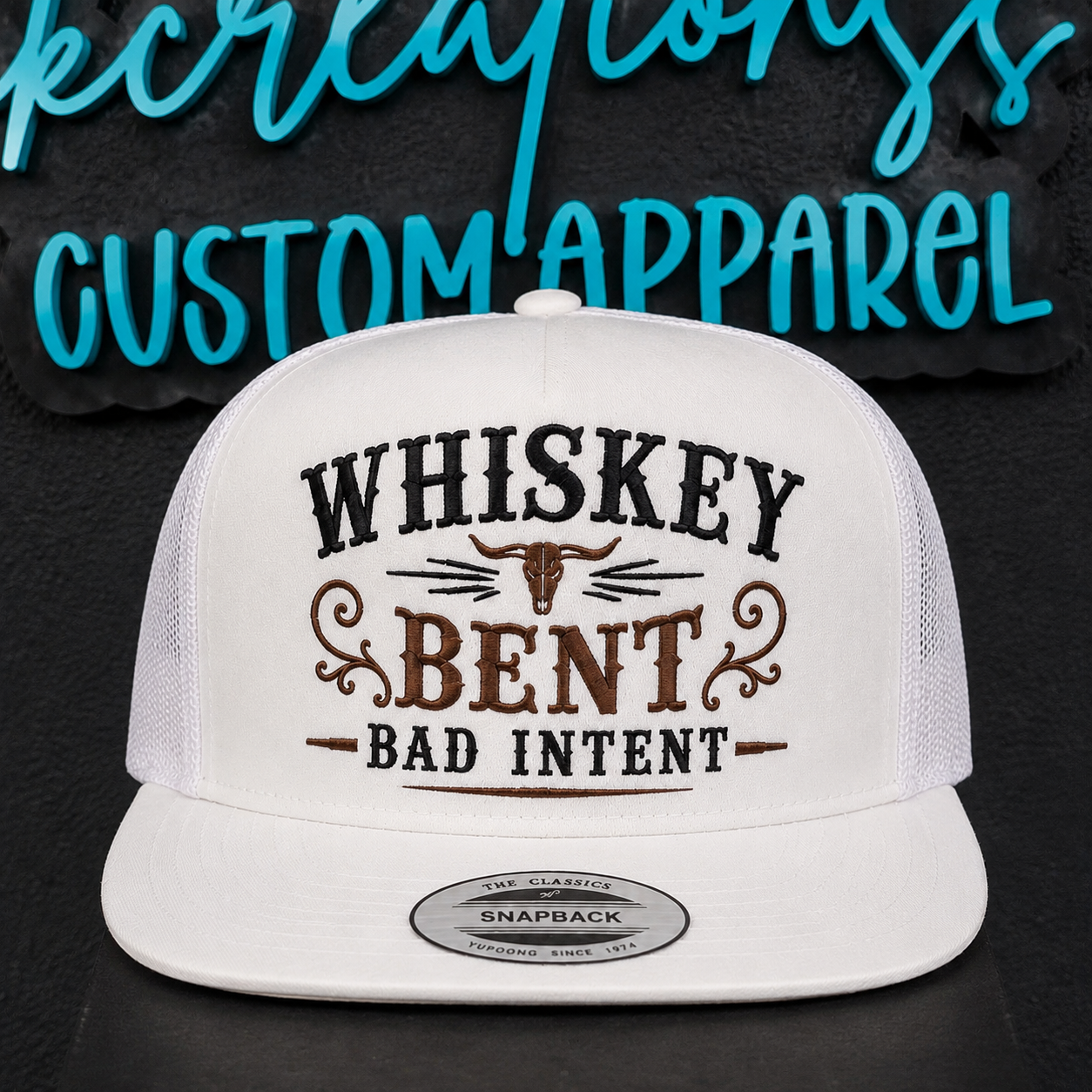 Whiskey Bent — Bad Intent embroidered mens trucker hat